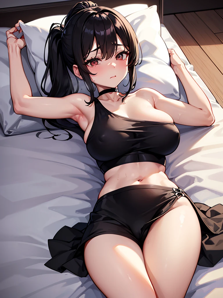 NSFW 全身図 黒いて男性と縦縞黒いNo sleeveシャツ:1.3 1 female 1 male、Sex:1.3 On a white bed In an apartment room Excitement Sweat Redness Feels good), (Night, dark room, apartment room, lying on a white bed, troubled face, crying face, sexy)、 No sleeve、(Black hair, medium length, ponytail, straight hair, bangs swept to the side:1.9 Slanted eyes Brown eyes Tall Big breasts Strong Beautiful Cute) 、 細身の筋肉質の男とのSex