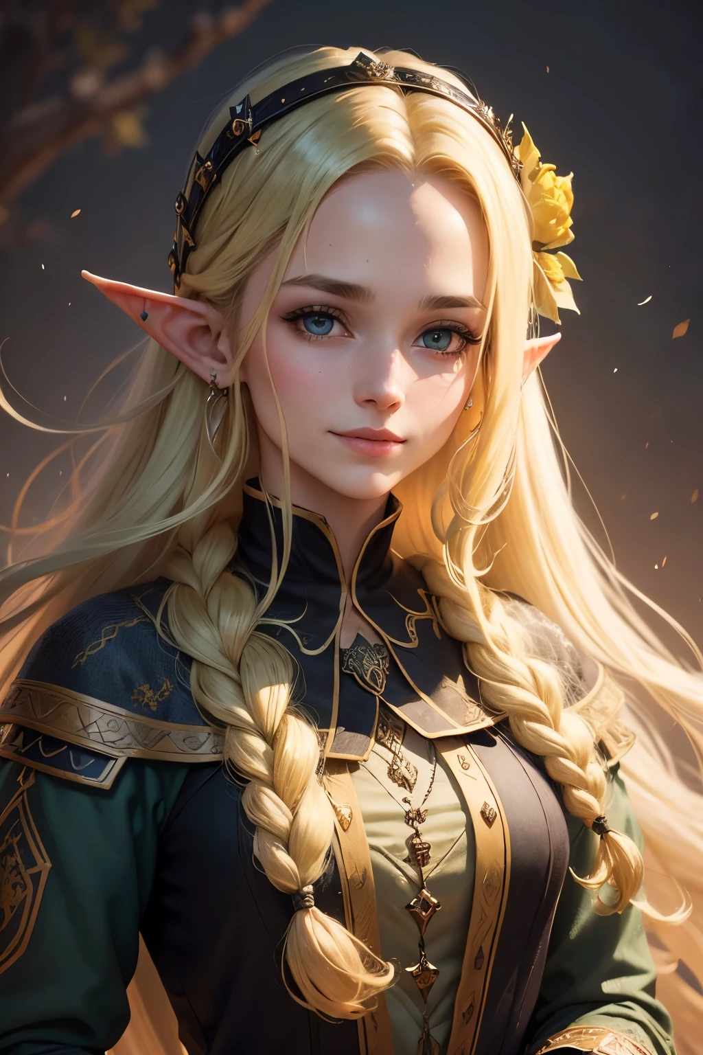 sup((best quality)), ((masterpiece)), (detailed), Prize-winning works, with incredible details, maximum textures and details, supHD ,8K,super resolution ,depth of field, retina, masterpiece, anatomically correct, textured skin, super detail, high details, highres ,an elf ,wearing medieval dress with lots of details1 Medieval female fantasy RPG elf,hair in the wind,very long light green wavy braid hair ,((yellow black hair,)),shy smile,similar to the work of JRR Tolkien,longCap ,fully body, hyper-detailed piercing eyes , (25 year old young man :1.1,detailedeyes, face detailed, whole body:1.1,the background is a magnificent castle similar to Castello de Chambord ),(best qualityer:1.2,ultra detali:1.1,realisitic:1.37) ,eyeshadows,sharp focus,swirly vibrant colors,) 