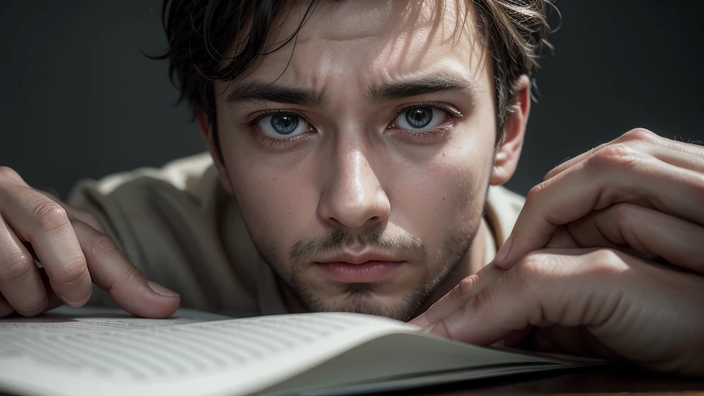 Create an impactful image of a man sitting at a table, with the head resting on the hands, staring at an open notebook full of numbers and calculations. Your facial expression should convey desperation and frustration, with wrinkles on the forehead, wide eyes and open mouth. Lighting should be dramatic, with a strong light falling on the notebook and the man's face, contrasting with surrounding shadows. Details like a pen lying on the floor, Crumpled papers and an unplugged calculator can add to the feeling of chaos and despair. The color palette should be cold and dark, with shades of blue, gray and black predominating. Background may be blurred, with objects like books and folders out of focus, to emphasize the man and his struggle with bills.
styled: photographic realism, focusing on man's facial expression and body language.