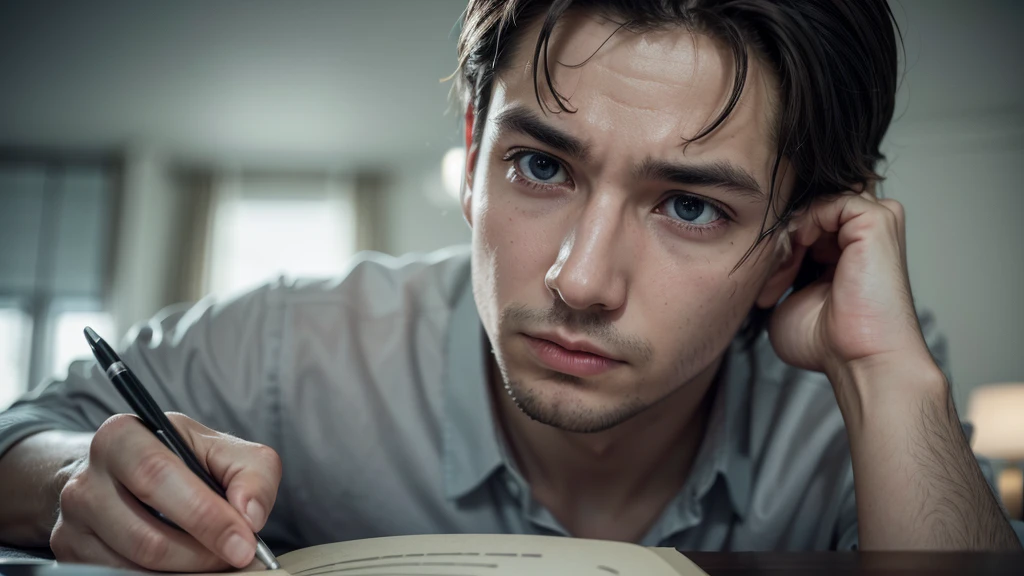 Create an impactful image of a man sitting at a table, with the head resting on the hands, staring at an open notebook full of numbers and calculations. Your facial expression should convey desperation and frustration, with wrinkles on the forehead, wide eyes and open mouth. Lighting should be dramatic, with a strong light falling on the notebook and the man's face, contrasting with surrounding shadows. Details like a pen lying on the floor, Crumpled papers and an unplugged calculator can add to the feeling of chaos and despair. The color palette should be cold and dark, with shades of blue, gray and black predominating. Background may be blurred, with objects like books and folders out of focus, to emphasize the man and his struggle with bills.
styled: photographic realism, focusing on man's facial expression and body language.