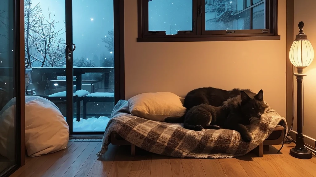 A scene of a big, long-haired dog and a small cat sleeping together in a room: Cozy and warm living room。By the big fireplace、A dog and a cat are lying on the same futon。
detail: The dog has a thick coat、The tail is wrapped around the small cat's body.。Cats express a sense of security。
background: The winter night view spreads outside the window、Gentle snow falling。
atmosphere: Use calming and warm colors、Expressing a heartwarming scene。
In the window、Night scenery outside the window: The quiet streets of late night spread out before you.、The stars are shining in the distance。
indoor: 窓枠には薄暗いindoorが映り、There are plants and small interior items placed by the windows.。
light source: The streetlight and moonlight gently shine into the room from outside the window.、Create subtle shadows。
atmosphere: Expressing a night view filled with silence and tranquility、Create a work that gives a quiet impression to the observer。
