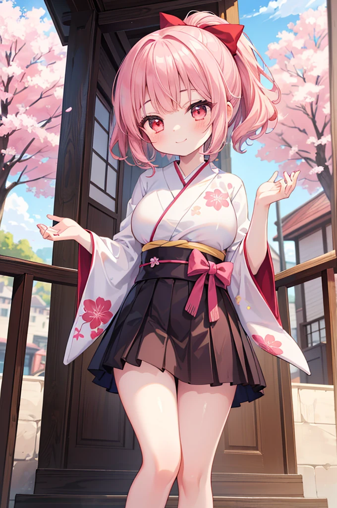 ((Masterpiece)),((high resolution)),((Best Quality)),Anime illustration,(((1girl))),,(wavy hair),(short hair),(pale pink hair color),small ponytail,Red eyes,(Big round eyes),((tareme)),15 years old,((loli face)),((very big breasts)),Short stature,,kimono,mini skirt,smile,Ladylike,cherry blossoms,