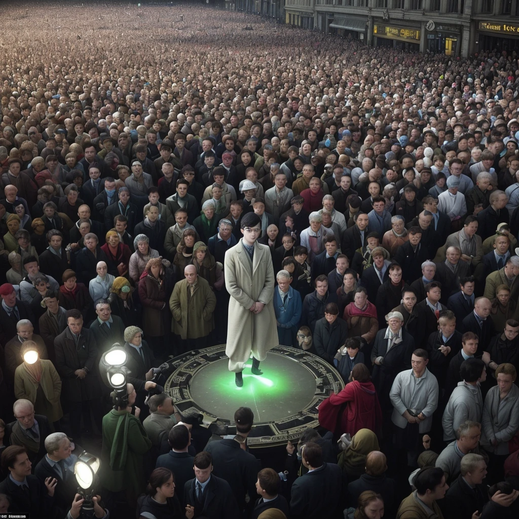 Create a photojournalism style image of a large crowd seen from above, with one man in the spotlight, levitating from the middle of the crowd, and glowing brightly, featuring (((intricate details))), (((best quality))), (((extremely detailed quality))), and (((complex composition)))." | Related artists: Henri Cartier-Bresson, Robert Capa, Dorothea Lange