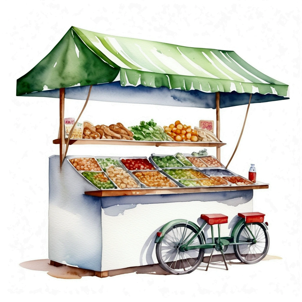 traditional food stall of healthy food, illustration, isolated with solid white background, surrounded with negative space, centered composition, 8k, highest detailed painting, very precise painting, Isolated, clear solid white background, perspective angle of view, cartoon style, ((watercolor:1)), clip art, (lora:add-detail-xl:1), (masterpiece), (best quality),