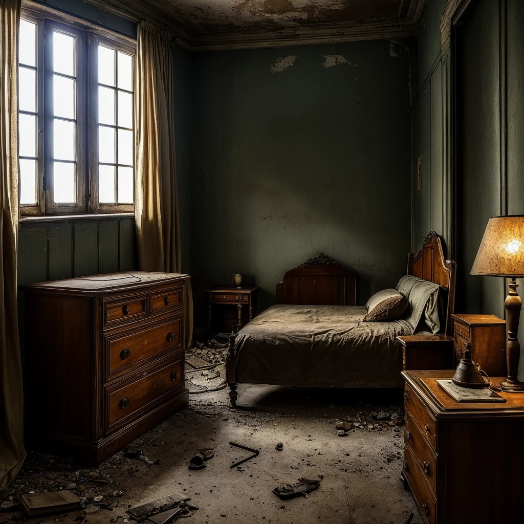 ((best qualityer)), ((realistic shoulders)), (detailded),  An abandoned room, totally dark, where there is only one lamp illuminating the scene,this same room is old, It has a sofa and some old dressers, with an old bed