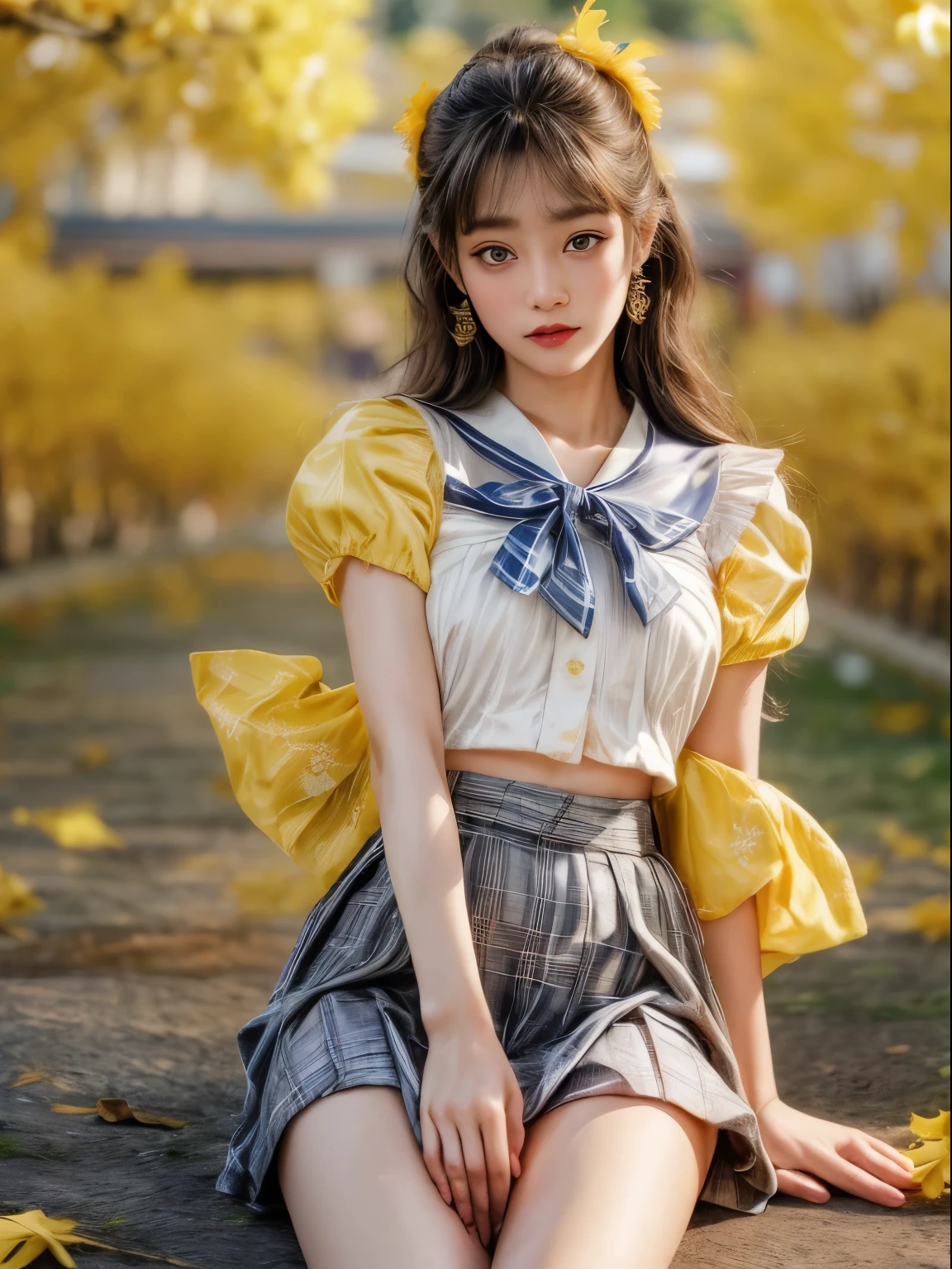 masterpiece、8K、32,000、top quality、(eye for detail)、(cute japanese girl、forehead)、 years old、1 woman、elegant、(Detailed background description、portlate:1.2)、(sailor shirt、plaid bustle skirt)、(yellow fallen leaves:1.1)、cowboy shot、smile、(reduction:1.5)、thighs thighs thighs thighs