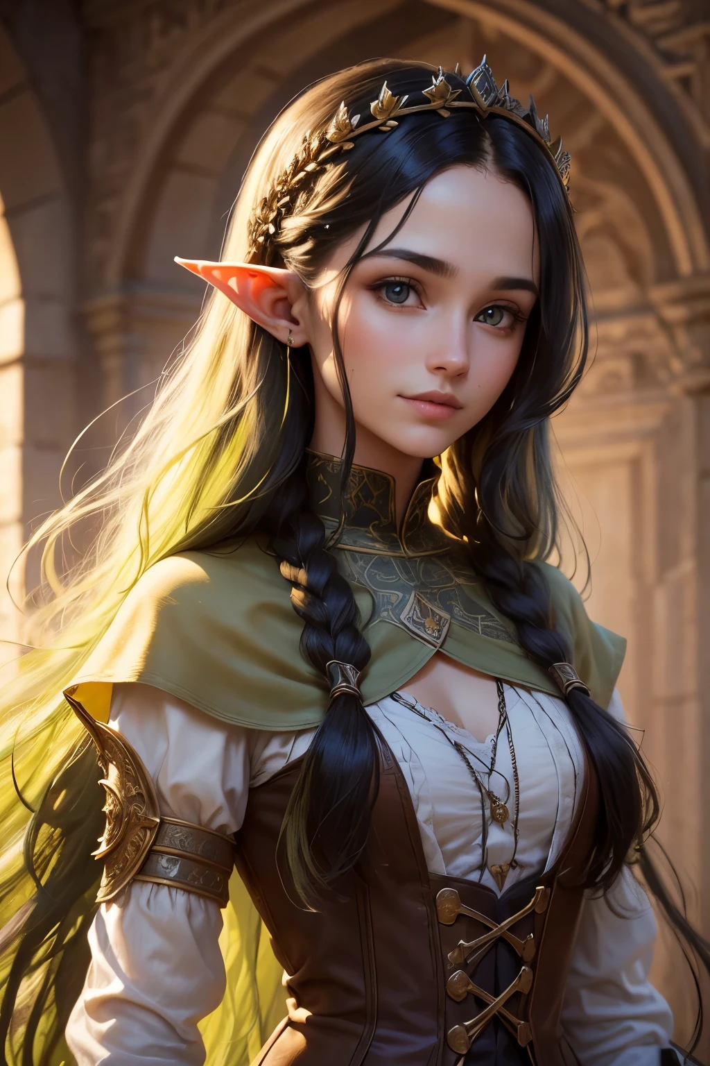 sup((best quality)), ((masterpiece)), (detailed), Prize-winning works, with incredible details, maximum textures and details, supHD ,8K,super resolution ,depth of field, retina, masterpiece, anatomically correct, textured skin, super detail, high details, highres ,an elf ,wearing medieval dress with lots of details1 Medieval female fantasy RPG elf,hair in the wind,very long light green wavy braid hair ,((yellow black hair,)),shy smile,similar to the work of JRR Tolkien,longCap ,fully body, hyper-detailed piercing eyes , (25 year old young man :1.1,detailedeyes, face detailed, whole body:1.1,the background is a magnificent castle similar to Castello de Chambord ),(best qualityer:1.2,ultra detali:1.1,realisitic:1.37) ,eyeshadows,sharp focus,swirly vibrant colors,) 