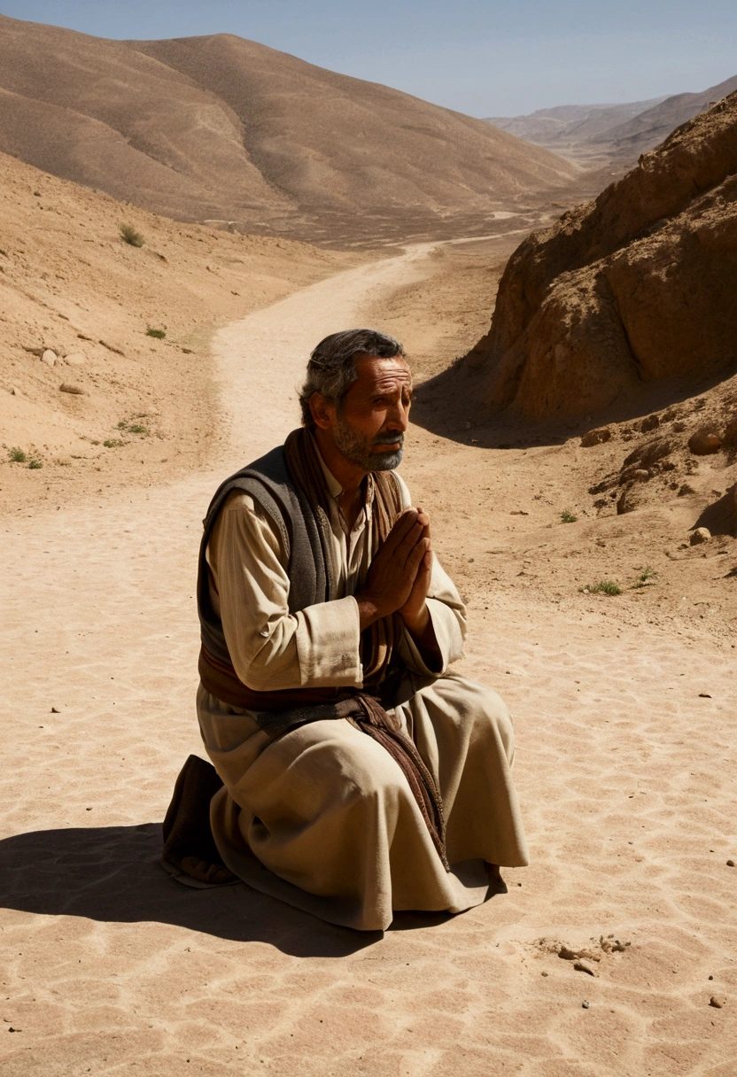 Joachim, Ana's husband, is represented in a realistic scene, in the arid desert of Palestine. At 35 years old, he is kneeling on dry land, in a secluded spot between rocky hills and golden sand. The scorching midday sun casts long shadows around him, creating a dramatic contrast between light and shadow. In the background, the horizon stretches to infinity, highlighting the vastness and solitude of the desert. Joaquim wears simple and traditional clothes, with earthy tones that merge with the arid environment around him. His hands are raised in deep prayer, expressing his humility and devotion to God. There are no visible images or idols, just the natural immensity and Joachim's spiritual connection to his Hebrew faith.