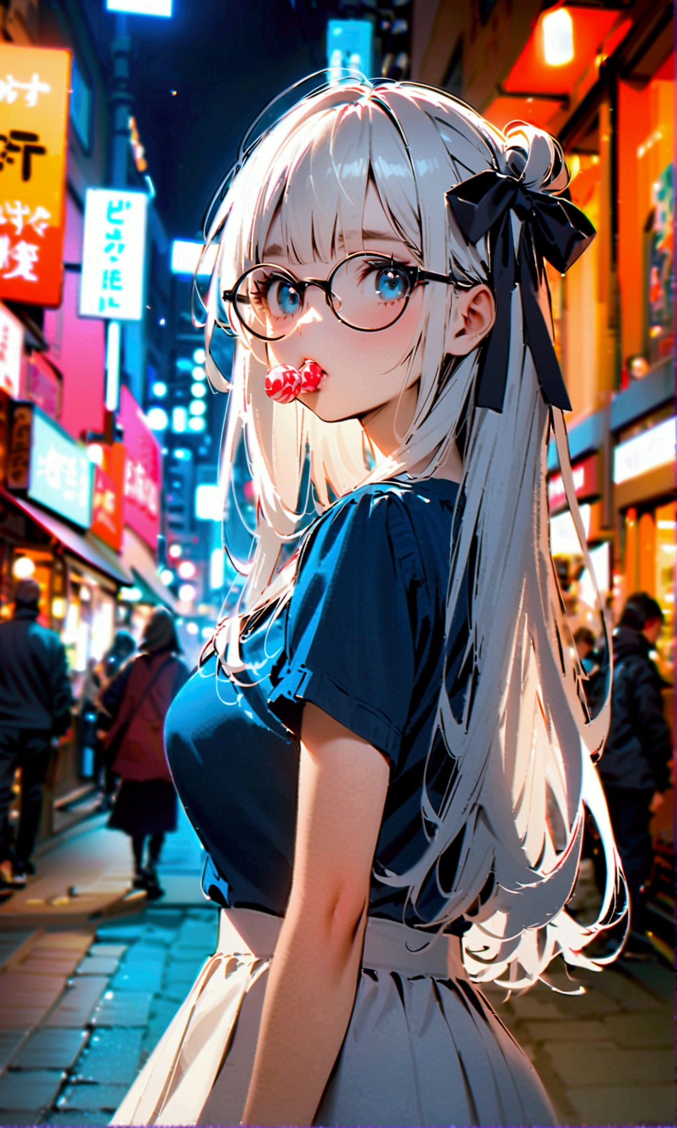 A young woman with long, white hair, bangs, a black bow on her head, black round glasses with a candy in her mouth, wearing a blue short-sleeved shirt and a short white skirt, turned her back in the middle of the city during the daytime.