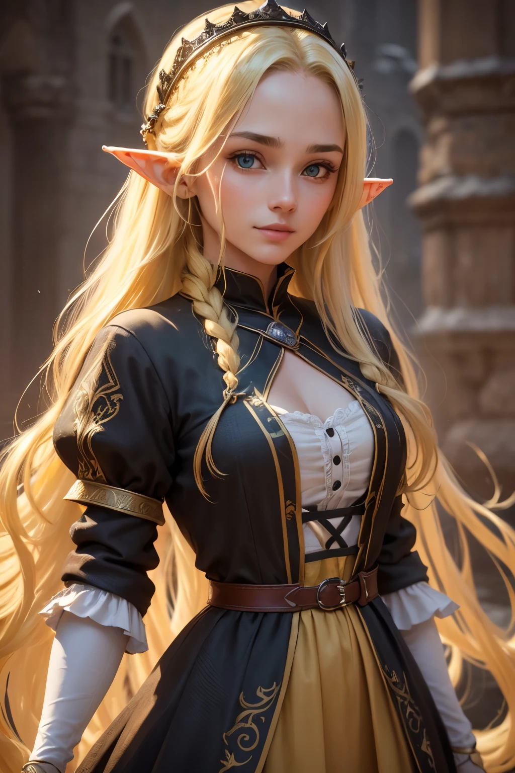 sup((best quality)), ((masterpiece)), (detailed), Prize-winning works, with incredible details, maximum textures and details, supHD ,8K,super resolution ,depth of field, retina, masterpiece, anatomically correct, textured skin, super detail, high details, highres ,an elf ,wearing medieval dress with lots of details1 Medieval female fantasy RPG elf,hair in the wind,very long light green wavy braid hair ,((yellow black hair,)),shy smile,similar to the work of JRR Tolkien,longCap ,fully body, hyper-detailed piercing eyes , (25 year old young man :1.1,detailedeyes, face detailed, whole body:1.1,the background is a magnificent castle similar to Castello de Chambord ),(best qualityer:1.2,ultra detali:1.1,realisitic:1.37) ,eyeshadows,sharp focus,swirly vibrant colors,)