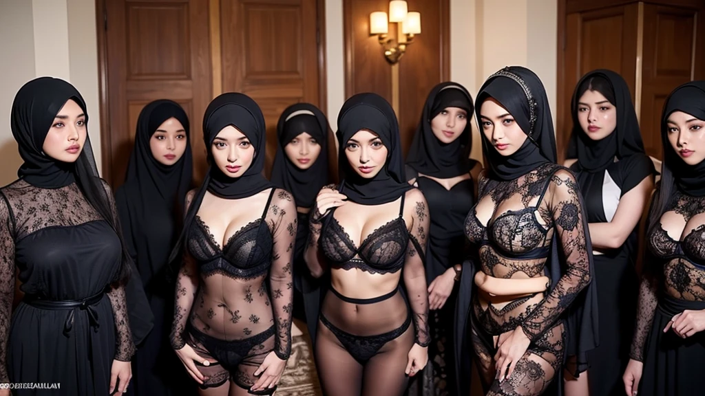 Three girls, real, sexy, all in hijab, all big breasted, two with long hair, One in the middle is short hair, black hair color, no bras, no panties, naked, full body, seductive poses, daring, bedside standing,