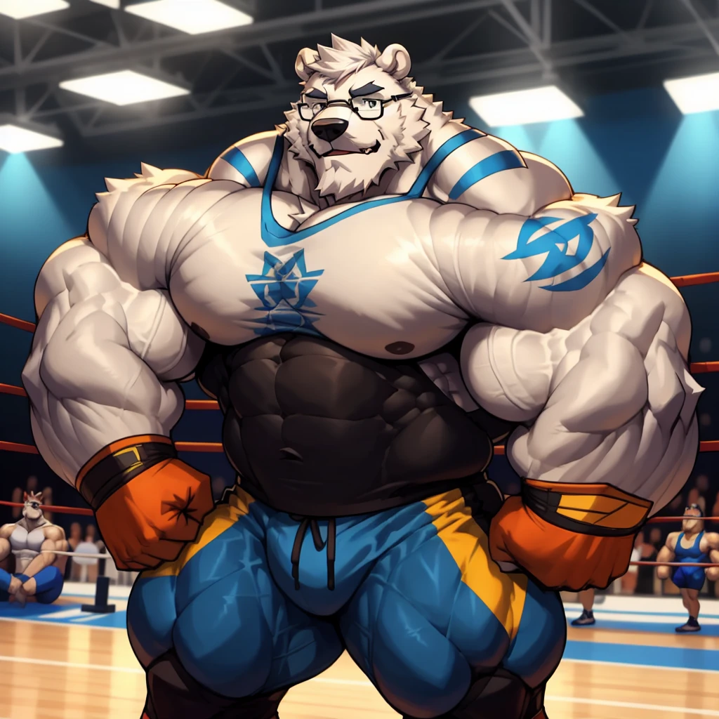 solo, 1boy, Huge Muscular White Polar Bear wearing glasses, huge white fur, pectoral, huge pectoral, wide pectoral, short white hair, blue colored short pants, blue colored wristbands and blue colored tank top, white bearded, white Mustache, white fur, black eyebrows, gym fitness center background, masterpiece, high detailed, 8k, high resolution, at the gym, wrestling, all hunk of muscle