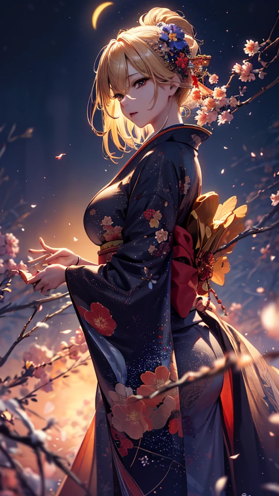 masterpiece, high quality, 4K, Beautiful design, silhouette，blonde， 非常に詳細な夜のStarry Sky,Flower Field， wonderful, Finer details,  Very knowledgeable woman, Highly detailed solo, 1 female,Big Breasts，Red colored kimono，Night view，Starry Sky，full moon，