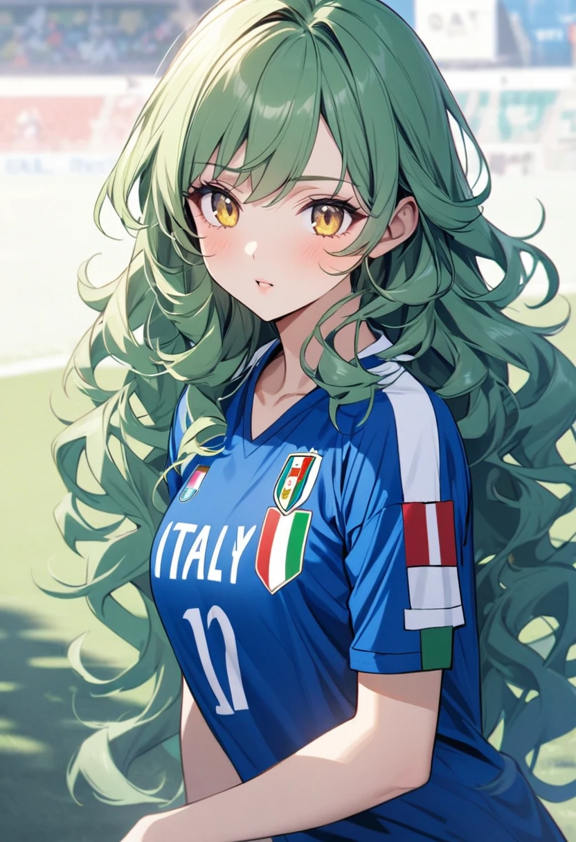 girl, beautiful, curly hair, long hair, yellow eyes, green hair, soccer shirt, italy soccer shirt, blue shirt, breasts