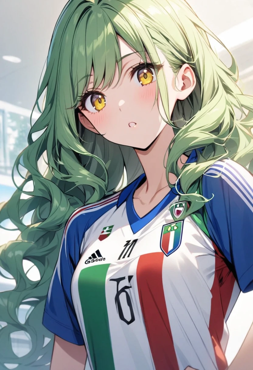girl, beautiful, black hair, blond hair, black eyes, curly hair,  breasts, italy soccer shirt, blue shirt, 