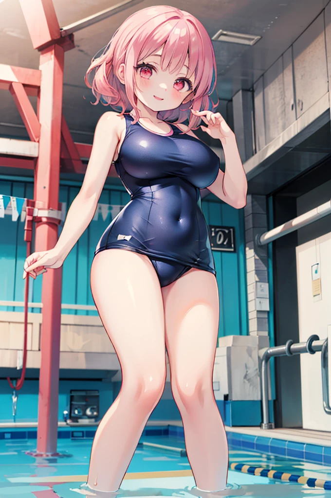 ((Masterpiece)),((high resolution)),((Best Quality)),Anime illustration,(((1girl))),,(wavy hair),(short hair),(pale pink hair color),small ponytail,Red eyes,(Big round eyes),((tareme)),,((loli face)),very big breasts)),Short stature,,one-piece swimsuit,smile,Ladylike,Pool,