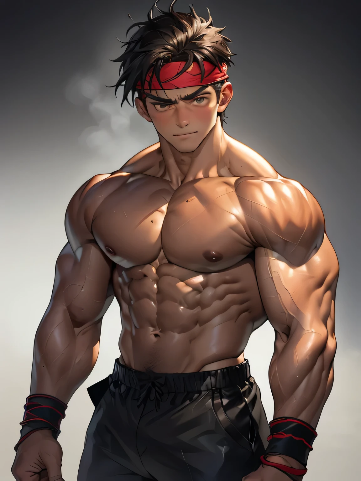 (Masterpiece, Best quality 19 year old boy, black background, cowboy shot), solo, Young, boy, muscler, Shirtless, topless, (Dark Short straight hair, under cut, brown eyes), (red headband, ((leather fingerless grobe, black wristband))), ((hot Abs:1.2, big breast:1.2, chest!, muscler upper arms), Vivid colors, muscler!, muscler, tight muscler body, detailed face, detailed muscle, (((rippling muscles, fighting pose, struggle, combats, fighting, subtle color tones, Imposing body, Imposing appearance)))