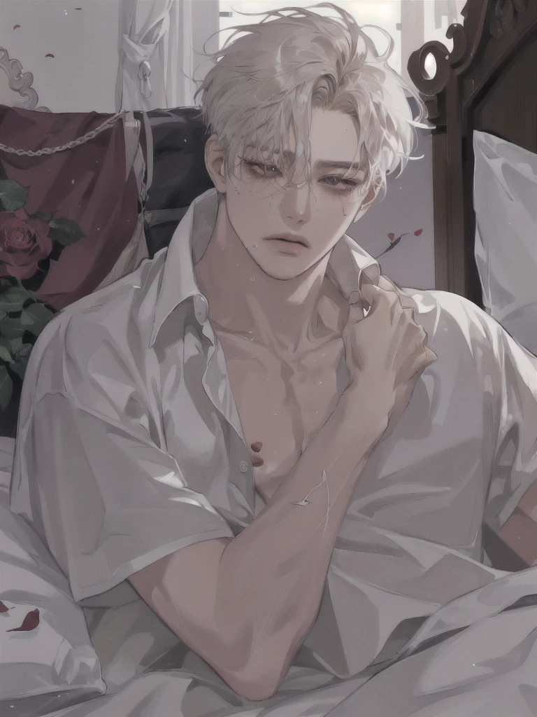 1Junge, portrait, Ohrringe, Allein,Lippen,  Male focus, Green eyes, Blick auf den Betrachter, graue Haare, kurzes Haar, geschlossenen Mund, anime boy lying on the bed with rose petals, wet body, bed, without any clothing except underwear, high quality fanart, hot expression, Beast, at pixiv, official fanart, pixiv, detailed fanart, relaxing, levi ackerman, in in the bedroom, relaxing environment, relaxing mood, by Shingei, anime asthetic, relaxing concept art, wet anime boy, with rose petals on the bed, beautiful atmosphere, hot anime boy, cute, beautiful body art, hot pose, beautiful, pretty face, cute pretty face, big cute eyes, beautiful expression