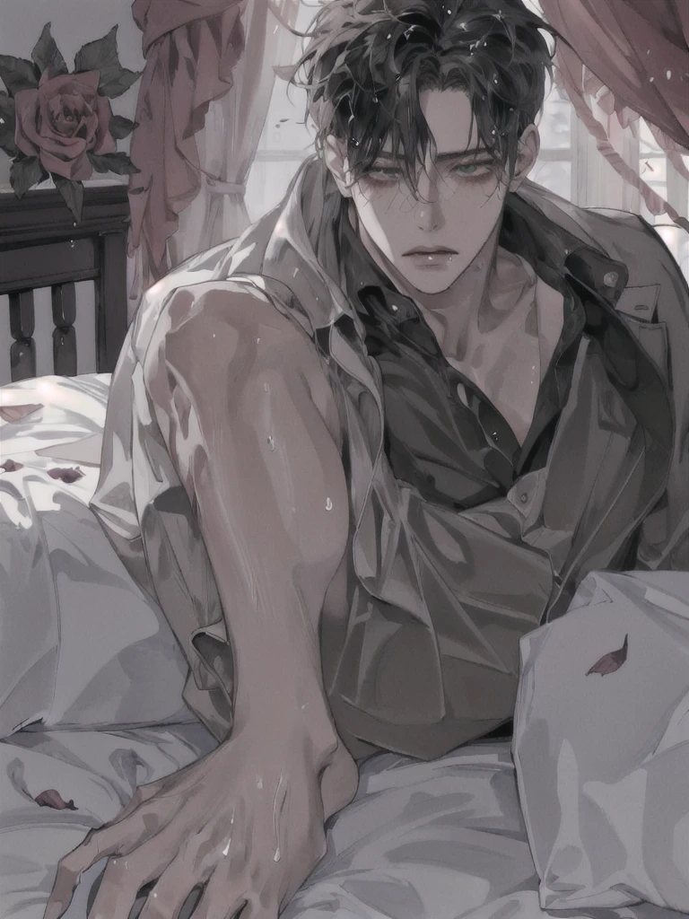 1Junge, portrait, Ohrringe, Allein,Lippen, Male focus, Green eyes, Blick auf den Betrachter, graue Haare, kurzes Haar, geschlossenen Mund, anime boy lying on the bed with rose petals, wet body, bed, without any clothing except underwear, high quality fanart, hot expression, Beast, at pixiv, official fanart, pixiv, detailed fanart, relaxing, levi ackerman, in in the bedroom, relaxing environment, relaxing mood, by Shingei, anime asthetic, relaxing concept art, wet anime boy, with rose petals on the bed, beautiful atmosphere, hot anime boy, cute, beautiful body art, hot pose, beautiful, pretty face, cute pretty face, big cute eyes, beautiful expression