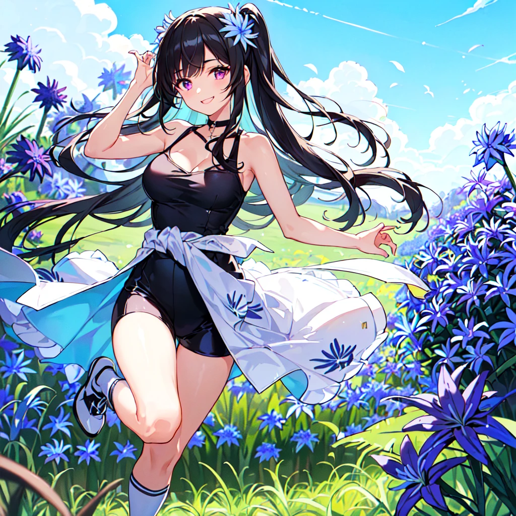 masterpiece, best quality, high quality, extremely detailed, very delicate and beautiful, (1 female 18 years old solo:1.5), (long black hair up to waist with two side up:1.5), bangs to eyebrows, eyes Eyebrows glossy, (eye color magenta:1.3), 6.5 head height, (agapanthus flower print summer fashion:1.3), knee socks, lace, frills, (smiling), (running:1.3), (smiling), (dynamic pose), (background agapanthus flower field:1.3), ( Blue sky:1.3)