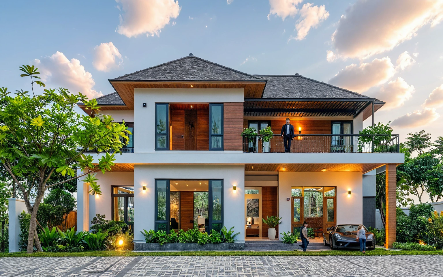 Masterpiece, high quality, best quality, authentic, super detailed, outdoor, aiaigroup, modern 2-storey townhouse style, stairs, white wall combined with wood, wind encaustic tiles, iron gate, ceiling conwood, flowers, path, summer evening, grass, trees, sky, clouds, (daylight: 1.1)