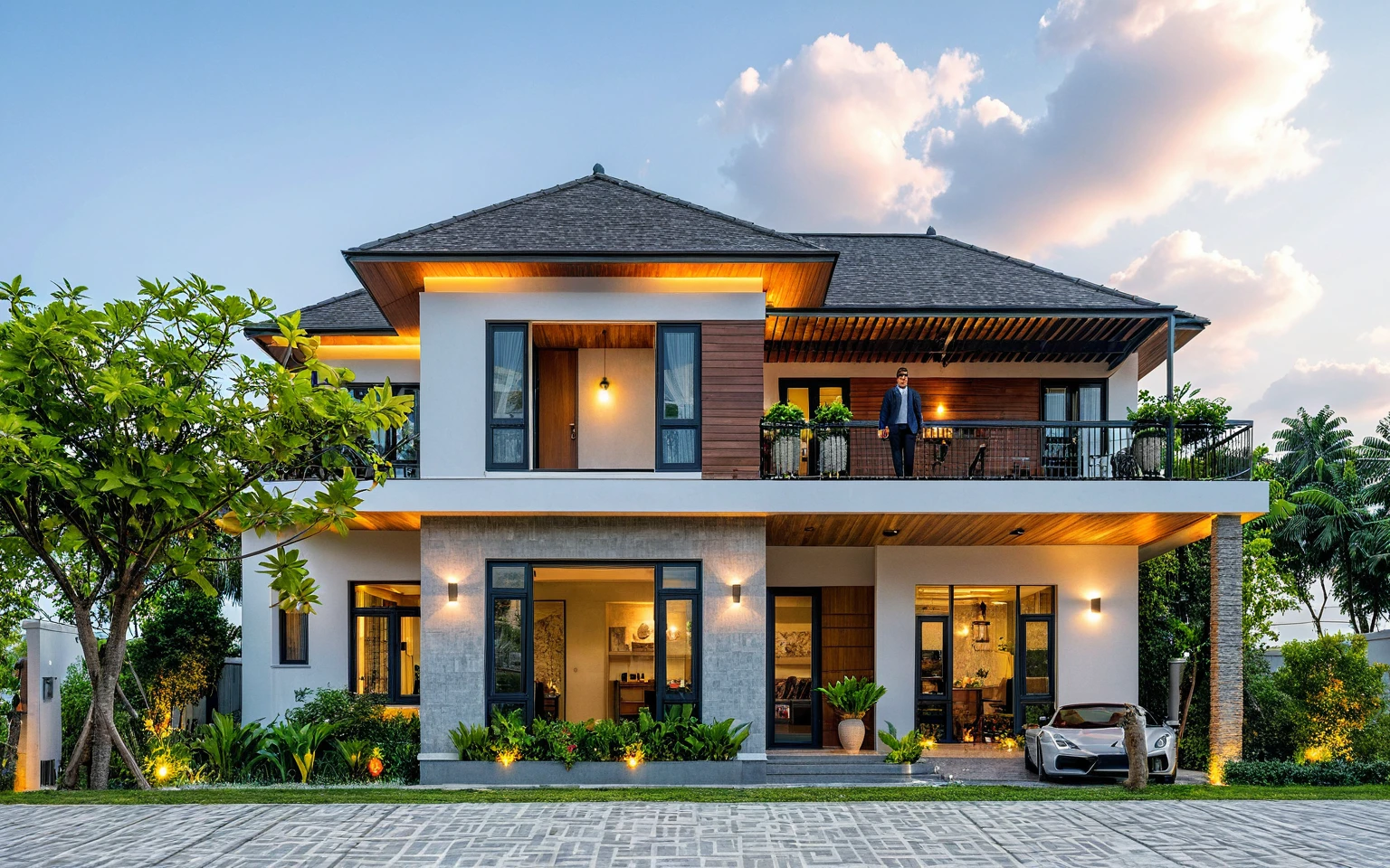 Masterpiece, high quality, best quality, authentic, super detailed, outdoor, aiaigroup, modern 2-storey townhouse style, stairs, white wall combined with wood, wind encaustic tiles, iron gate, ceiling conwood, flowers, path, summer evening, grass, trees, sky, clouds, (daylight: 1.1)