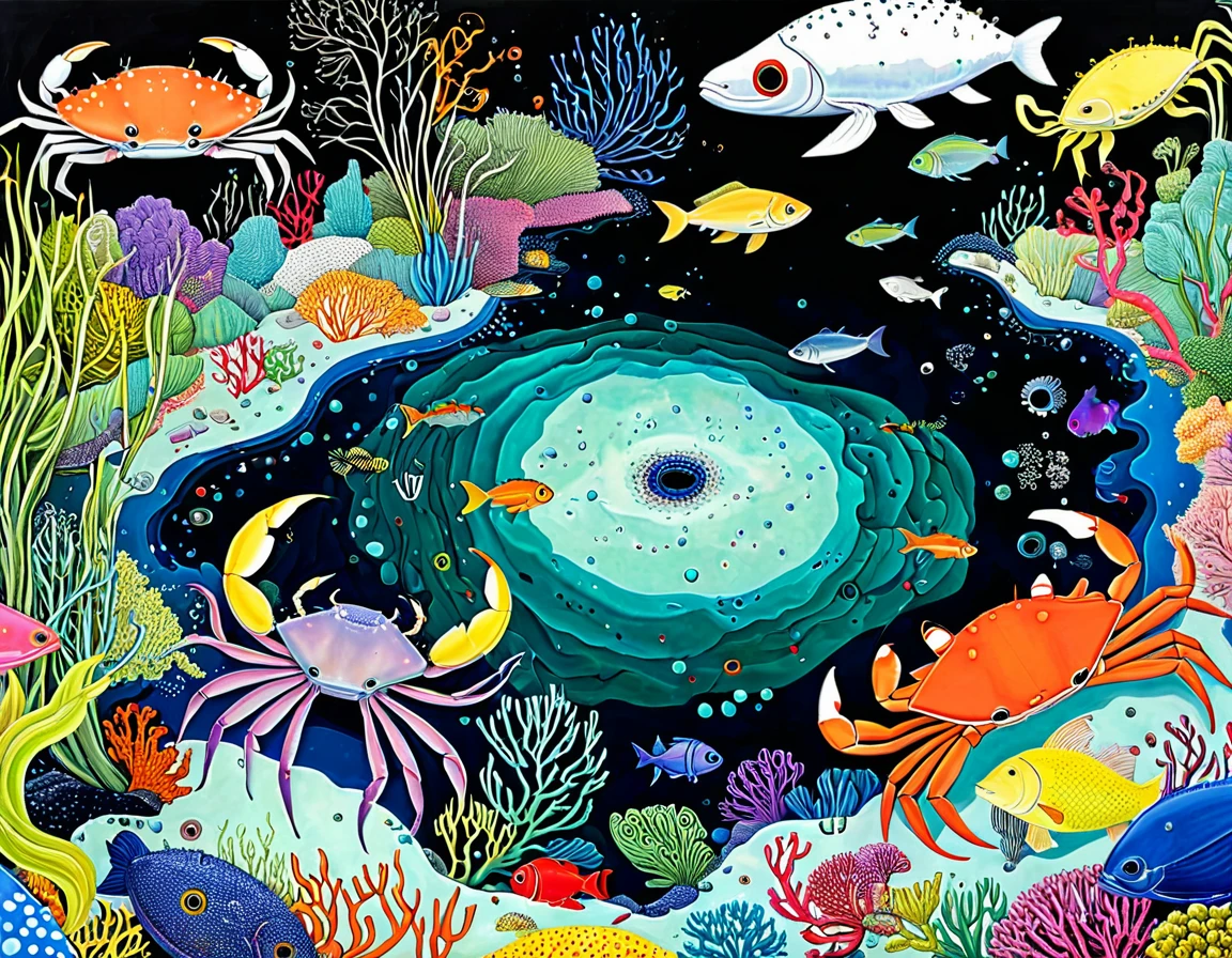 "Dick Ellescas Artist Style",(((Swimming pool))),Marine Life、Crab、fish,Tentacles,bird、Eye、diatom,Stitching together an abstract painting,Describing the inner world of autistic people,Sense of space,White Space,interesting,Innocence,Psychedelic Art,Dark Theme