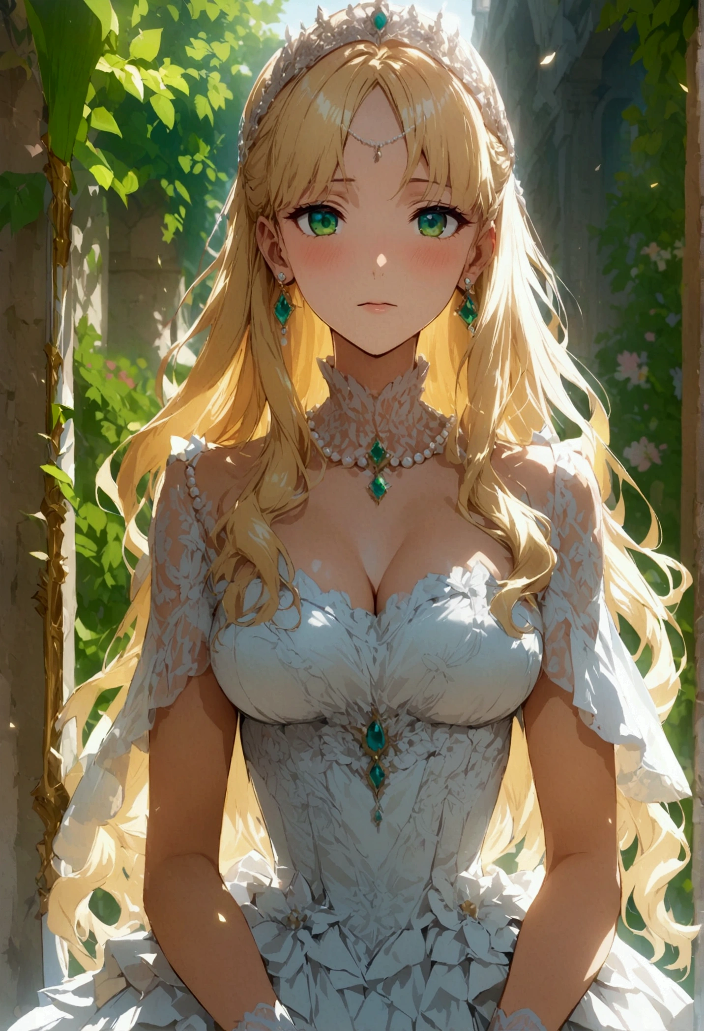 Anime. 1 Girl. Cute girl. Princess. Blonde. Long hair. Wavy hair. Green eyes. Beautiful eyes. Perfect eyes. Expressive eyes. Blind eyes. Blind. Ideal face. 16 years. Sitting chest. Beautiful breasts. Ideal anatomical body. Beautiful long legs. Luxurious white dress. White stockings. High heel shoes. White cane. Diadem. Pearl necklace. Neat earrings. White gloves. Standing at full height. She is standing on the street. Stands in the royal garden. Beautiful character design. Shiny skin. Full body. Official
art. Extremely detailed CG Unity 8k wallpaper. Ideal lighting. Ultra high resolution 4K. Super detailed 8K. A high resolution.