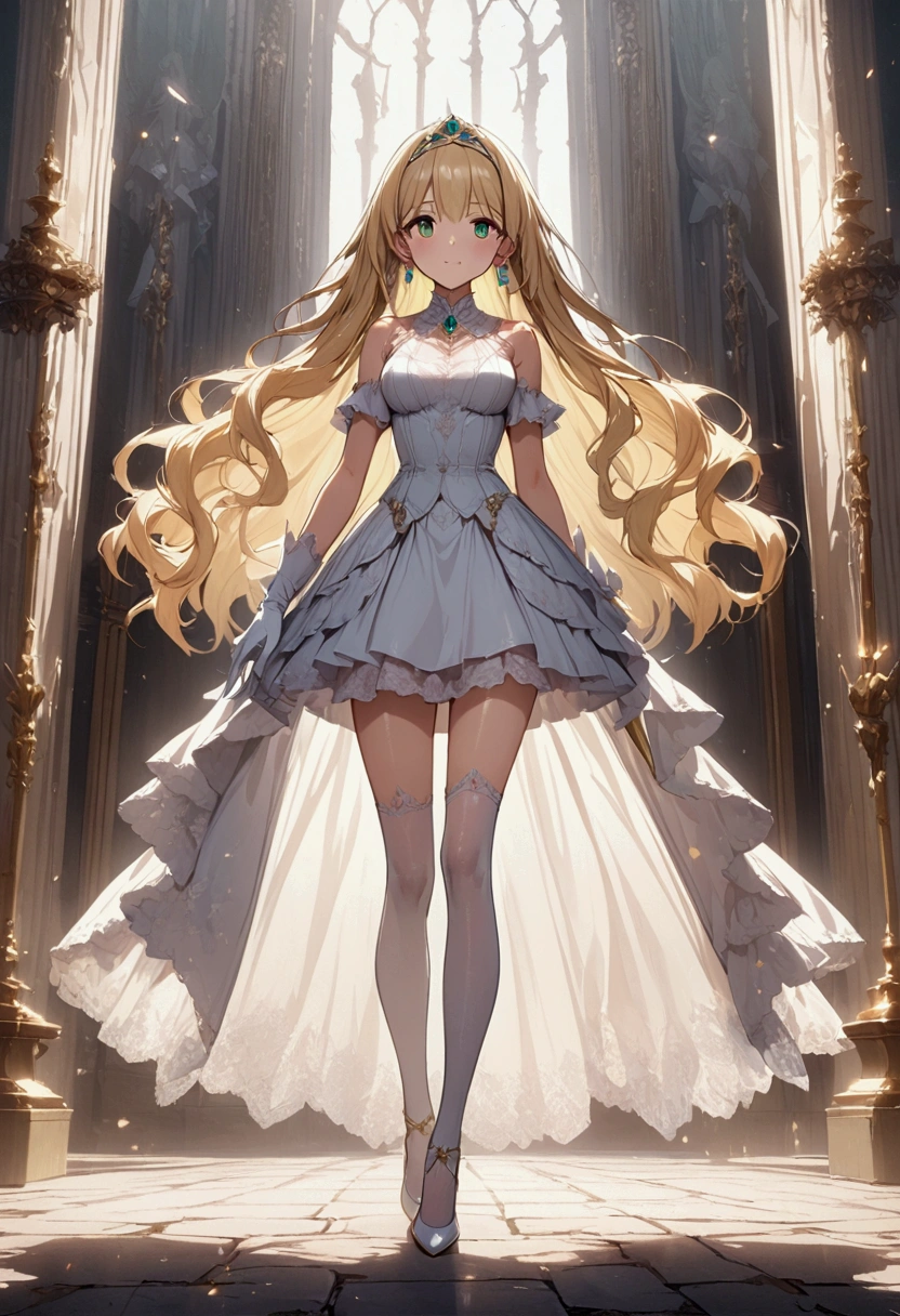 Anime. 1 Girl. Cute girl. Princess. Blonde. Long hair. Wavy hair. Green eyes. Beautiful eyes. Perfect eyes. Expressive eyes. Blind eyes. Blind. Ideal face. . Sitting chest. Beautiful breasts. Ideal anatomical body. Beautiful long legs. Luxurious white dress. White stockings. High heel shoes. White cane. Diadem. Pearl necklace. Neat earrings. White gloves. Standing at full height. She is standing on the street. Stands in the royal garden. Beautiful character design. Shiny skin. Full body. Official
art. Extremely detailed CG Unity 8k wallpaper. Ideal lighting. Ultra high resolution 4K. Super detailed 8K. A high resolution.