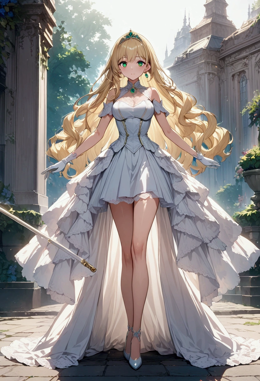 Anime. 1 Girl. Cute girl. Princess. Blonde. Long hair. Wavy hair. Green eyes. Beautiful eyes. Perfect eyes. Expressive eyes. Blind eyes. Blind. Ideal face. 16 years. Sitting chest. Beautiful breasts. Ideal anatomical body. Beautiful long legs. Luxurious white dress. White stockings. High heel shoes. White cane. Diadem. Pearl necklace. Neat earrings. White gloves. Standing at full height. She is standing on the street. Stands in the royal garden. Beautiful character design. Shiny skin. Full body. Official
art. Extremely detailed CG Unity 8k wallpaper. Ideal lighting. Ultra high resolution 4K. Super detailed 8K. A high resolution.