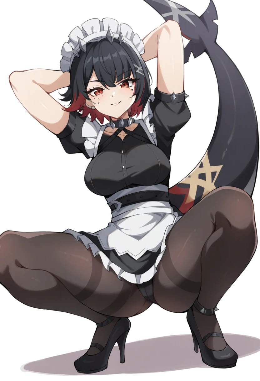 (anime art style:0.5), 2d, masterpiece, best quality, very aesthetic, absurdres, dynamic shadows, atmosferic, ellen_joe, genshin impact, (1girl), (solo), (black hair), short hair, red locks, red eyes, detailed eyes, mole under eye, hair between eyes, bangs, medium breasts, curvy body, makeup, (one tail), fish tail, black pantyhose, pantyhose rhombus pattern, spiked choker, spiked bracelet, spiked headress, x hair ornament, ear piercing, red nail polish, maid, maid headress, white apron, black dress, puffy short sleeves, frilled wristband, covered collarbone, black high heels, parted skirt, black panties, (sexy smile), (cowboy shot), (arms behind head), (squatting), (spread legs), looking at viewer, (white background), (simple background)