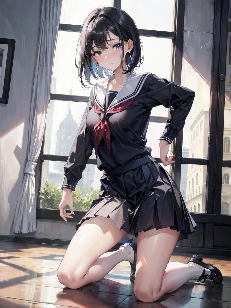  best quality, 1girl, solo, (osanai yuki), __posture__, short hair, black hair, bob cut, bangs, purple eyes, school uniform, red neckerchief, neckerchief, serafuku, sailor collar, socks, black skirt, skirt, long sleeves, pleated skirt, sweater, black socks, sleeves past wrists, black sailor collar, loafers, small breasts, breasts, cowboy shot, __looking__, __expression__, __background__. __posture__：standing\nstanding\n(contrapposto:1.1)\n(contrapposto:1.2)\n(sitting:1.1)\n(sitting:1.2) __looking__：looking_at_viewer\nlooking_at_viewer\nlooking_at_viewer\nlooking_at_viewer\nlooking_back __expression__：smile/nsmile/nsmile/nsmile, open_mouth/nsmile, 