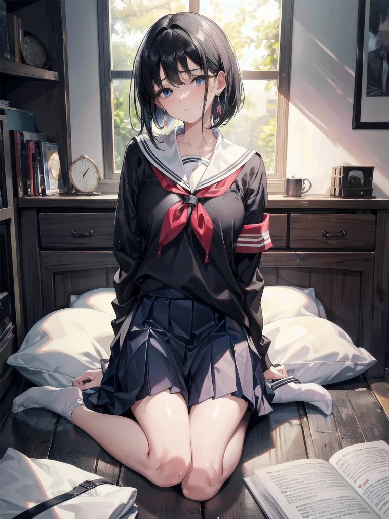 absurdres, RAW photo, extremely delicate and beautiful, masterpiece, Best Quality, ultra high resolution, 32k, hyperrealistic, ultra-detailed, perfect figure, in her 20s, very small head, very small face, delicate facial features, tearful mole, earring, huge breasts, legs, full body shot, medium hair, black hair, Colored inner hair, sweat, school_uniform,