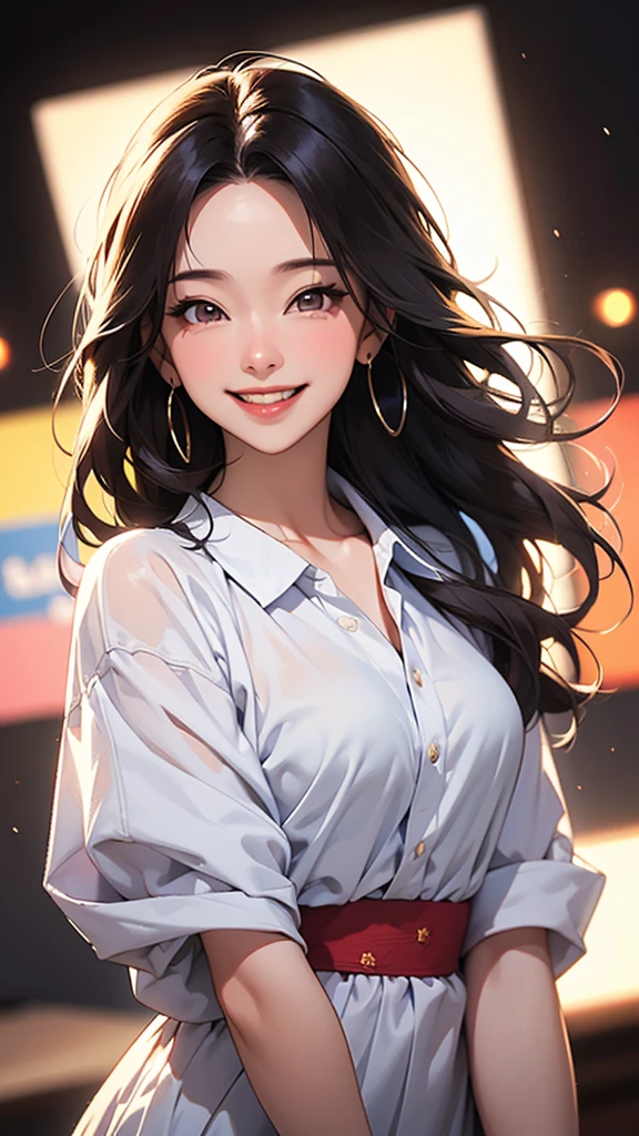 Mature Woman，(1 person), (((LOL))),With a happy smile, She expressed her joy, shirt,Long Hair,Cute smile, With a beautiful smile,( Happy and cheerful expression), And she laughs，very happy, (masterpiece、Highest quality)、Best details,Blurred background