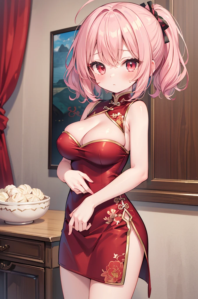 nsfw,((Masterpiece)),((high resolution)),((Best Quality)),Anime illustration,((1girl)),(wavy hair),(short hair),(pale pink hair color),small ponytail,Red eyes,(Big round eyes),((tareme)),,((loli face)),very big breasts)),Short stature,,,china dress,blush,I&#39;m very embarrassed,arms up behind,