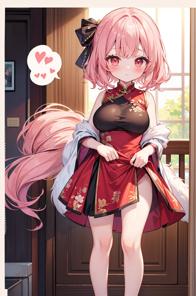 nsfw,((Masterpiece)),((high resolution)),((Best Quality)),Anime illustration,((1girl)),(wavy hair),(short hair),(pale pink hair color),small ponytail,Red eyes,(Big round eyes),((tareme)),,((loli face)),ry big breasts)),Short stature,,,china dress,blush,I'm very embarrassed,arms up behind,