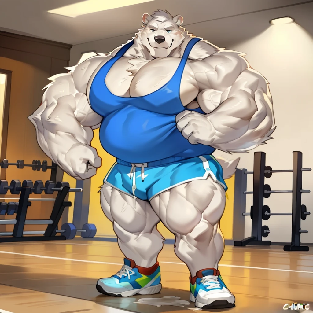 Solo, Male, polar bear, (short hair, snout), messy fur, messy hair, smirking, notched ear, by Bebebebebe, by Spikes, By Darkgem, by Mystic Fox 61, by Chunie, standing, tank top, gym shorts, gym shoes, looking at viewer, Dilf, Daddy, father figure, mature male, hunk, pecs, very detailed gym clothing, very detailed fur texture, very detailed lighting, very detailed eyes, gloves, very well drawn gym clothing, very well drawn face, bulky, bulk, ((really big muscle, massive muscular, sixpack, thick arms, wide pectoral, super huge muscle, hyper muscular, over sized muscle, huge arms, big arms, huge pectoral))