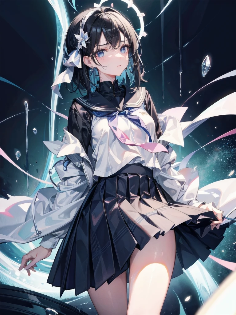 absurdres, RAW photo, extremely delicate and beautiful, masterpiece, Best Quality, ultra high resolution, 32k, hyperrealistic, ultra-detailed, perfect figure, in her 20s, very small head, very small face, delicate facial features, tearful mole, earring, huge breasts, legs, full body shot, medium hair, black hair, Colored inner hair, sweat, school_uniform,