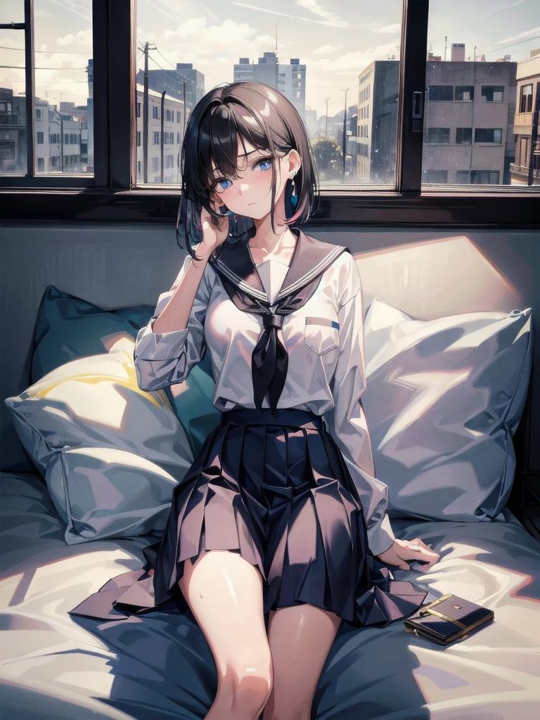 absurdres, RAW photo, extremely delicate and beautiful, masterpiece, Best Quality, ultra high resolution, 32k, hyperrealistic, ultra-detailed, perfect figure, in her 20s, very small head, very small face, delicate facial features, tearful mole, earring, huge breasts, legs, full body shot, medium hair, black hair, Colored inner hair, sweat, school_uniform,
