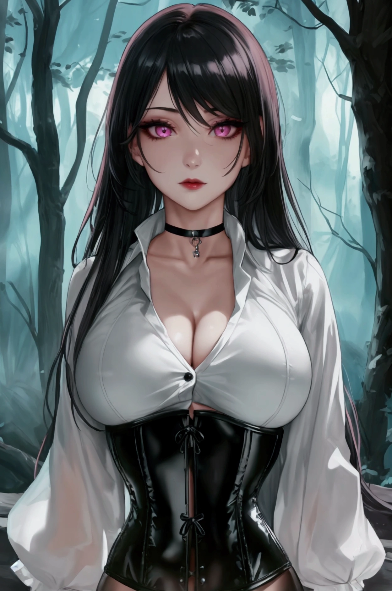 Masterpiece, Beautiful art, professional artist, 8k, Very detailed face, Detailed clothing, detailed fabric, 1 girl, View from the front, standing, pose sexy, BIG BREASTS, perfectly drawn body, shy expression, pale skin, beautiful face, long black hair, 4k eyes, very detailed eyes, pink cheeks, choker:1.6, (white long sleeve button down shirt with white collar), black gloves, gloves that cover hands, (black leather corset), (shiny black leggings), Sensual Lips, show details in the eyes, dark forest, Atmosphere, fog, At night