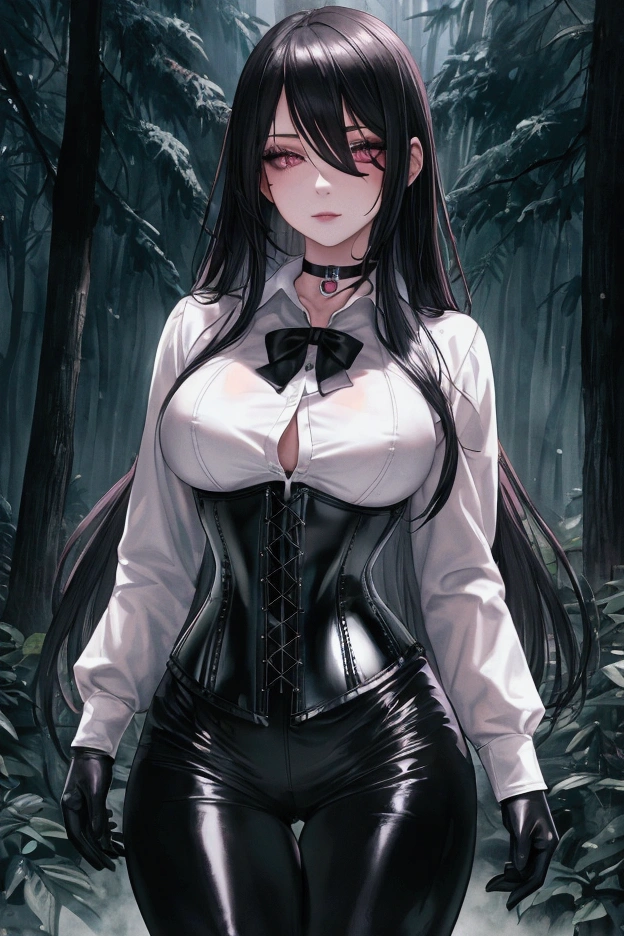 Masterpiece, Beautiful art, professional artist, 8k, Very detailed face, Detailed clothing, detailed fabric, 1 girl, View from the front, standing, crossed arms, pose sexy, BIG BREASTS, perfectly drawn body, shy expression, pale skin, beautiful face, black hair short ponytail, 4k eyes, very detailed eyes, pink cheeks, glasses, choker:1.6, (white long sleeve button down shirt with white collar), black gloves, gloves that cover hands, (black leather corset), (shiny black leggings), Sensual Lips, show details in the eyes, dark forest, Atmosphere, fog, At night