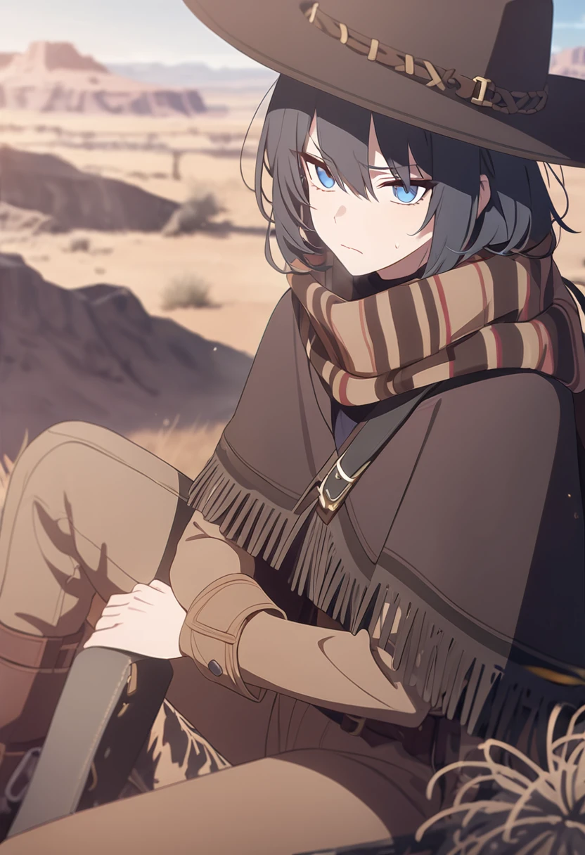 masterpiece,best quality,depth of field,8K,looking at the viewer,dark gray hair,blue eyes,light brown chaps,dark brown poncho,갈색 Ten gallon hat,brown leather jumper,chic,wseifuku,male,sky,frowning,badlands,western frontier,tumbleweed rolling around,sitting,male,