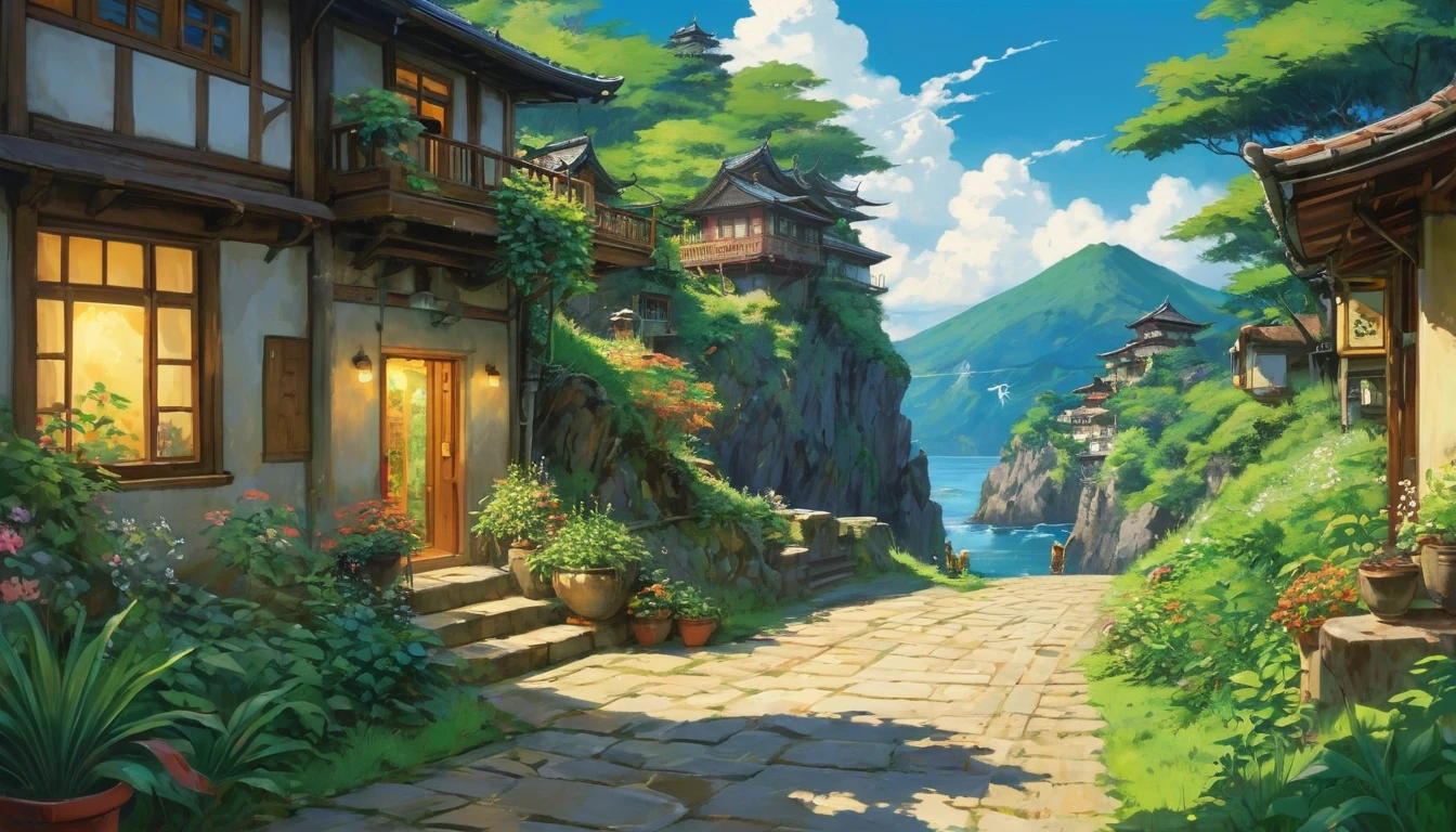 (((Ghibli style))),,it's raining,A beautiful view reflected in a puddle.Summer countryside,The whole image has a calm and tranquil atmosphere.,Country road