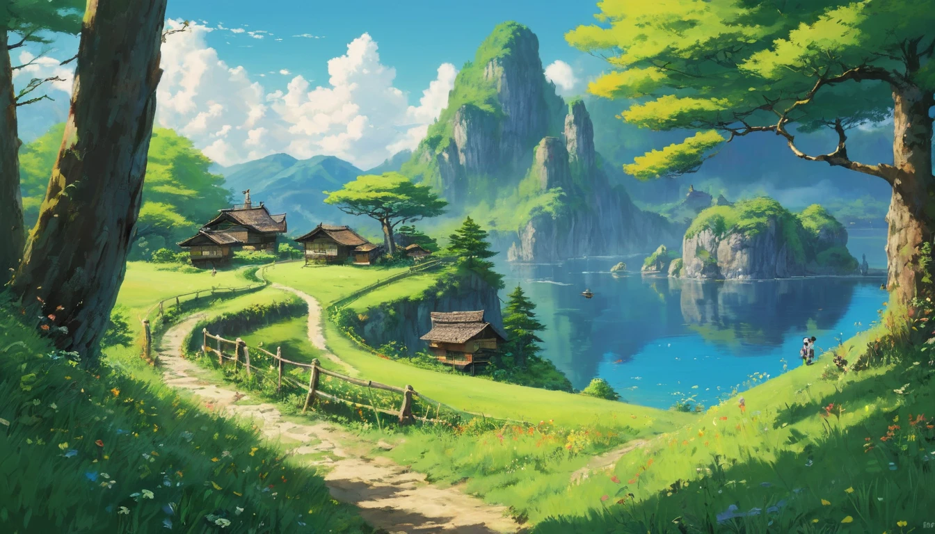 (((Ghibli style))),,it's raining,A beautiful view reflected in a puddle.Summer countryside,The whole image has a calm and tranquil atmosphere.,Country road