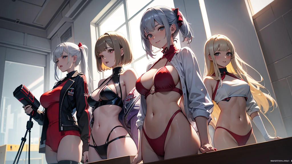 smile、Red cheeks、Official Art, masterpiece, Highest quality,Portrait of three girls、, JK , Rainbow Bikini、(silver, metallic, ) 8K, Blonde,short hair, High resolution, ( Butt:1.2)(headphone:1.2),(Excellent rendering, Stand out in the same class), (Amazing details, Excellent lighting, Wide-angle), Big Breasts(0.6), Absolute area, Detailed Background、Panty shot