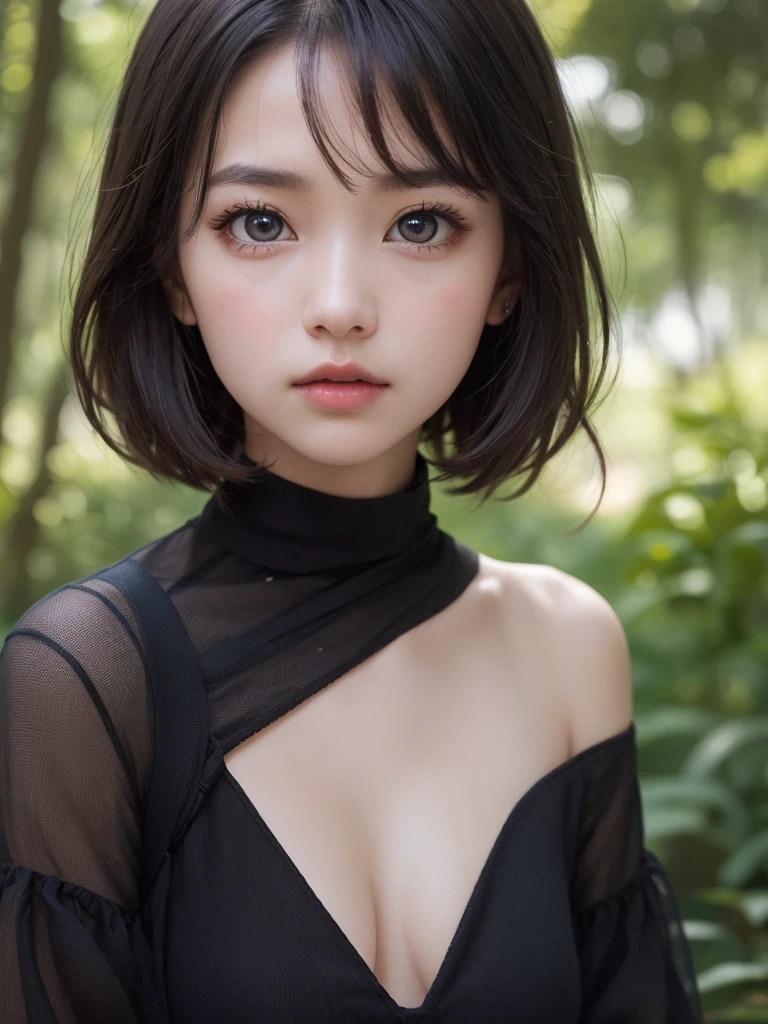 One Girl，(1人のとてもcute女の子:1.3)，masterpiece，Highest quality，High resolution，From below，Low - Angle，Photorealistic，RAW Photos，Ray Tracing，beautiful girl，(:1.3)，cute，Big eyes，(detailed pupils:1.2)，(The face is facing forward:1.3)，Cute nose，Beautiful nose，Upturned nose，Fuller lips，Short black hair，ponytail，short hair，Detailed eyelashes，Thin eyebrows，Very fine grain definition，(Symmetrical eyes:1.3)，(Face close-up，Face Focus:1.0)，Small breasts，Short neck，Off the shoulder，People emerge，Dark Background，forest，Portrait，View Viewer，Upper Body，Cinema Lighting，High resolution，Very detailed