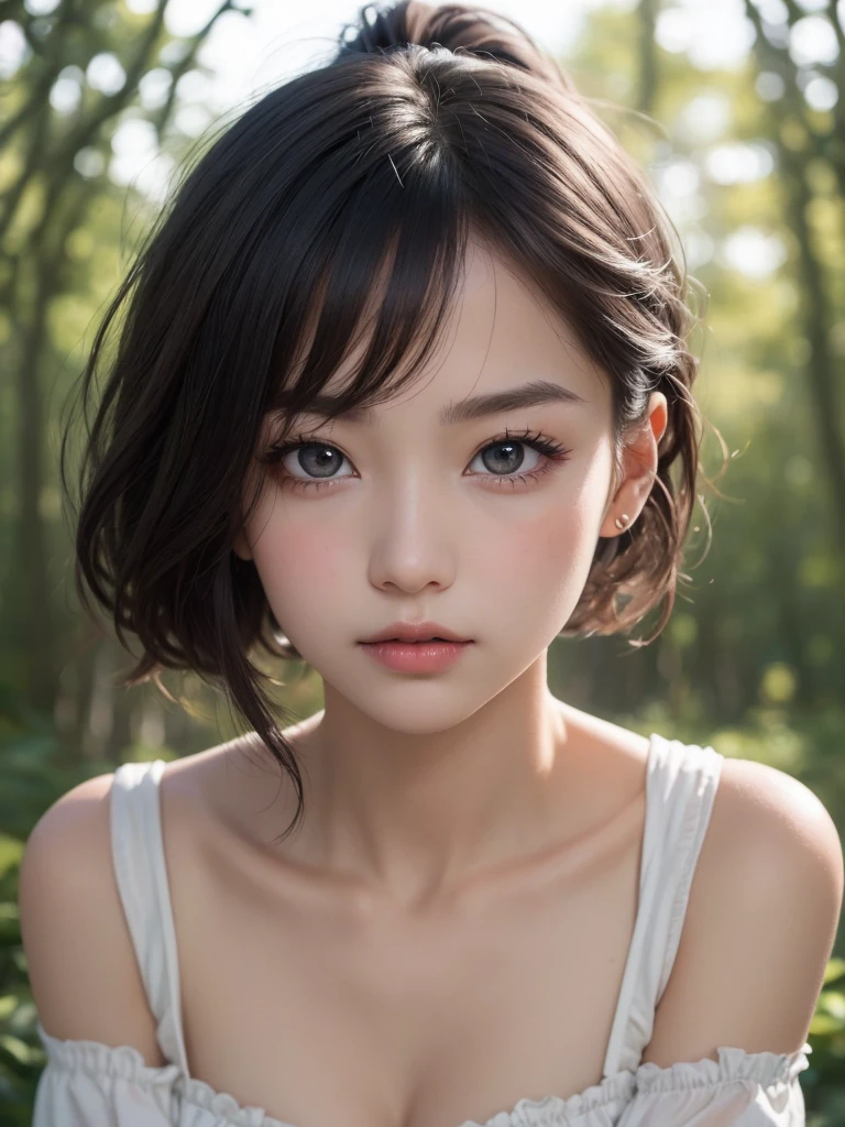 One Girl,(1人のとてもcute女の子:1.3),masterpiece,Highest quality,High resolution,From below,Low - Angle,Photorealistic,RAW Photos,Ray Tracing,beautiful girl,(:1.3),cute,Big eyes,(detailed pupils:1.2),(The face is facing forward:1.3),Cute nose,Beautiful nose,Upturned nose,Fuller lips,Short black hair,ponytail,short hair,Detailed eyelashes,Thin eyebrows,Very fine grain definition,(Symmetrical eyes:1.3),(Face close-up,Face Focus:1.0),Small breasts,Short neck,Off the shoulder,People emerge,Dark Background,forest,Portrait,View Viewer,Upper Body,Cinema Lighting,High resolution,Very detailed