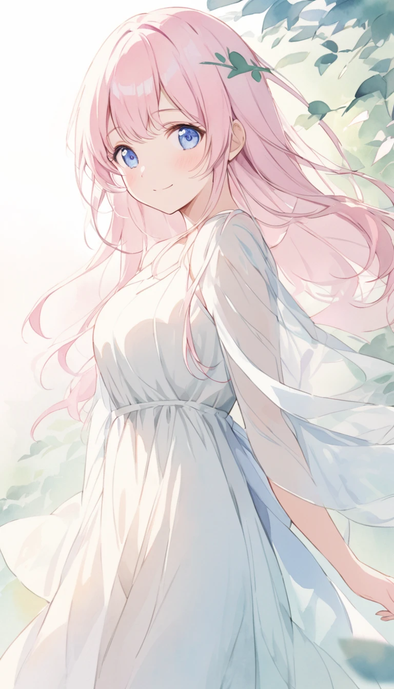 adult woman, watercolor,A serene anime-style character with long, light pink hair that flows gently in the wind. The character has a smile and thoughtful expression, with soft blue eyes looking slightly downward. They are wearing a flowing, light-colored dress that appears to be made of a sheer, delicate fabric. The background features subtle foliage and a soft, pastel color palette, adding to the tranquil and ethereal atmosphere of the scene.