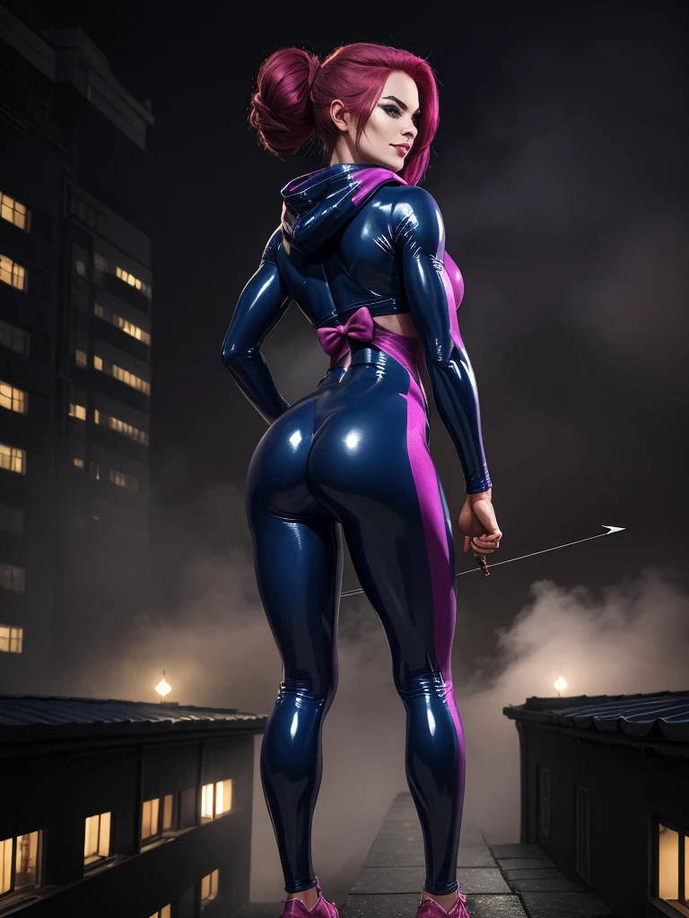 young woman, sports anatomy, inflated legs, pumped up arms, pumped up abs, dark blue latex suit, warrior, rear weapon bow and arrow, hairstyle long straight hair, burgundy pink hair, shaved temple, serious look with an evil grin, villainess, scar on eyebrow, the hood is pulled slightly over the head, look at the viewer, purple eyes, Dark Power, Dark fog, stands on the roof of the city, night, lights in the city, against the background of cats black from the fog