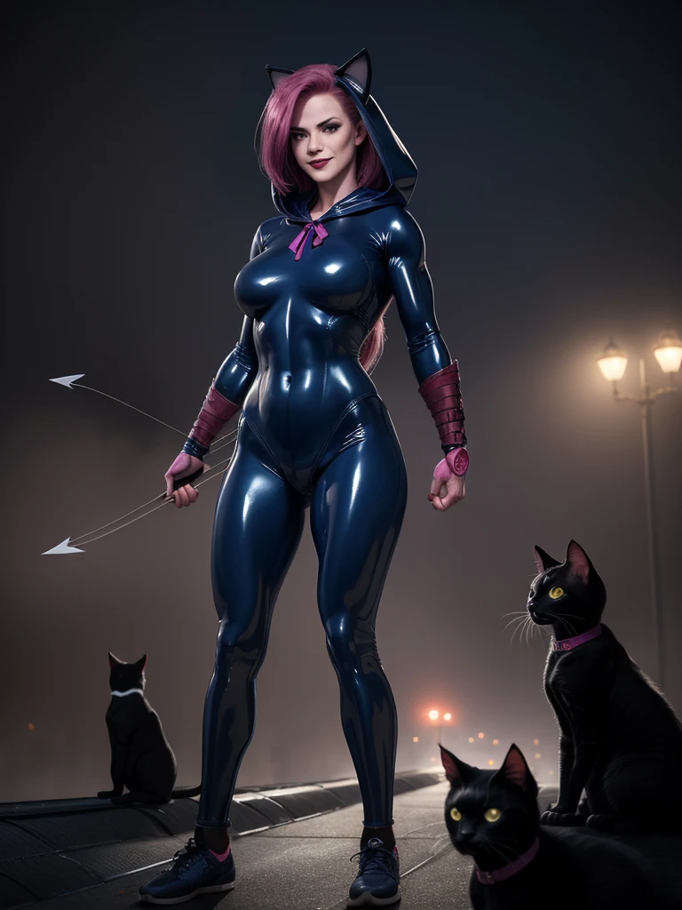 young woman, sports anatomy, inflated legs, pumped up arms, pumped up abs, dark blue latex suit, warrior, rear weapon bow and arrow, hairstyle long straight hair, burgundy pink hair, shaved temple, serious look with an evil grin, villainess, scar on eyebrow, the hood is pulled slightly over the head, look at the viewer, purple eyes, Dark Power, Dark fog, stands on the roof of the city, night, lights in the city, against the background of cats black from the fog